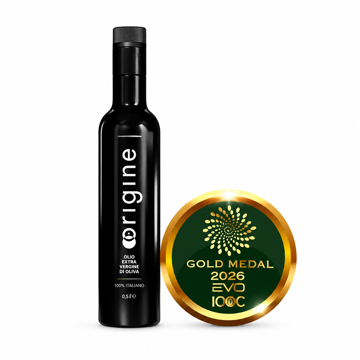 Bottiglia nera d’olio e medaglia d’oro Oleificio San Luca di Agrifoglio - Bottiglia nera dolio e medaglia doro